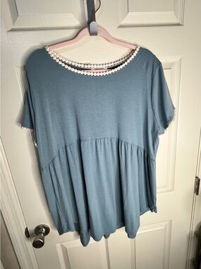 Zenana Outfitters Dusty Blue Pom-Trim Peplum Tunic